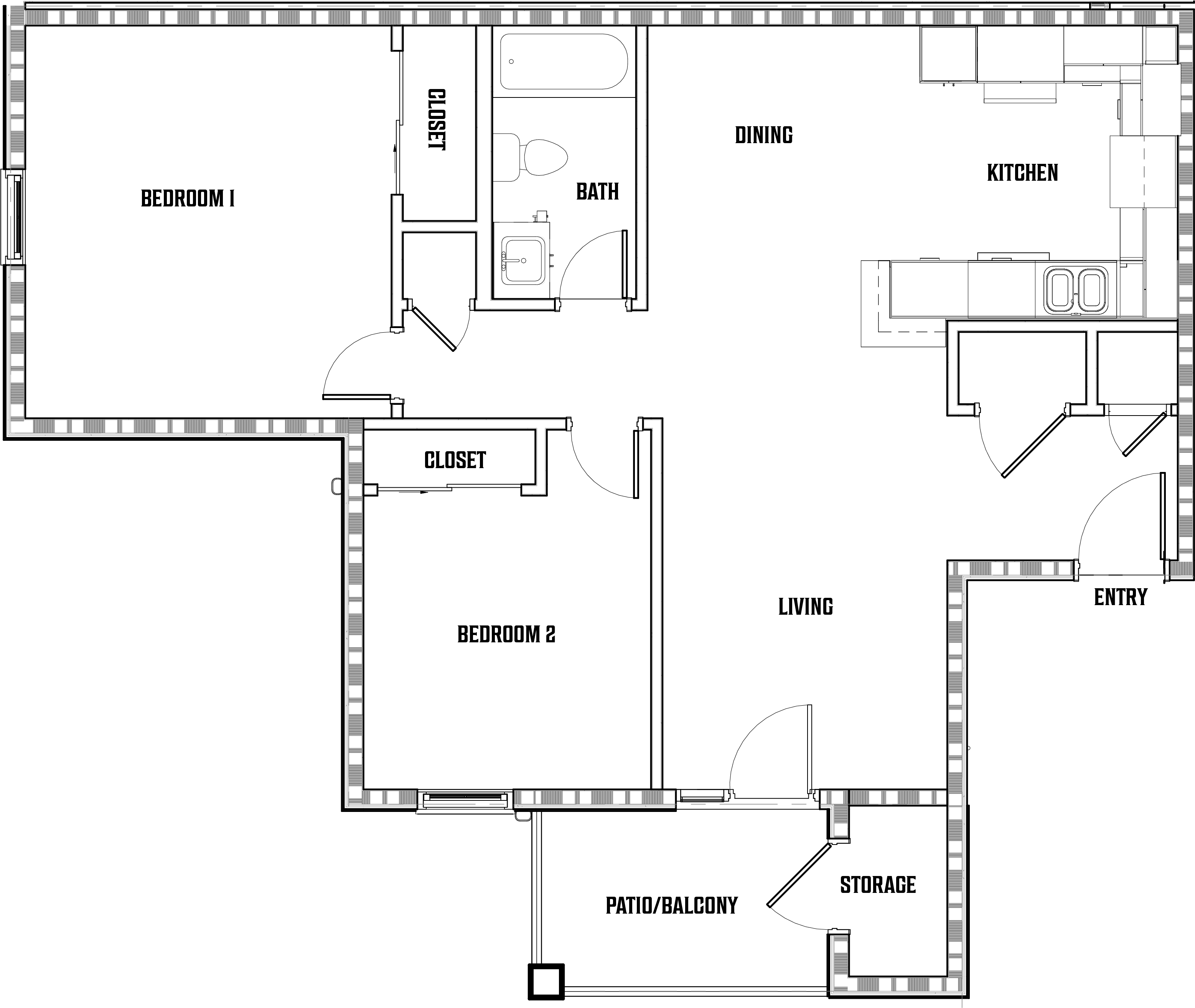 Floor plan for 2 beds, 1 bath, 870 sqft